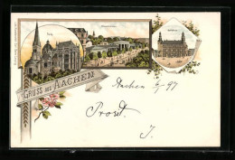 Lithographie Aachen, Gruss Mit Dom, Rathaus Und Elisenbrunnen  - Aachen