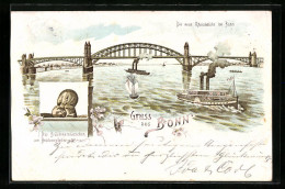 Lithographie Bonn, Das Brückenmännchen Am Brückenpfeiler, Neue Rheinbrücke  - Bonn