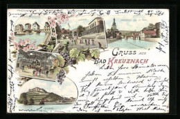 Lithographie Bad Kreuznach, Flusspartie, Brückenhäuser, Kurhaus  - Bad Kreuznach