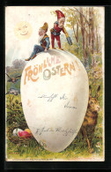 AK Zwei Zwerge Mit Fernrohr Auf Einem Osterei, Osterhase, Ostergruss  - Pâques