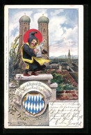 Lithographie München, Münchner Kindl Mit Bierkrug Vor Der Frauenkirche, Wappen  - Autres & Non Classés