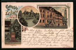 Lithographie Erfurt, Regierungsgebäude, Dom, Luther-Denkmal  - Erfurt