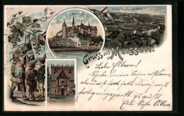 Lithographie Meissen, Dom, Albrechtsburg, Zwerge, Porzellanmanufaktur  - Meissen