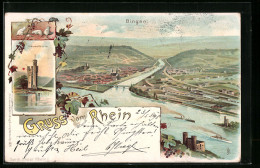 Lithographie Bingen / Rhein, Ortsansicht & Mäuselthurm  - Bingen