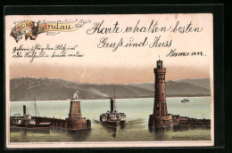 Lithographie Lindau, Hafeneinfahrt Mit Dampfer  - Lindau A. Bodensee