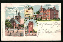 Lithographie Stendal, Gymnasium, Marienkirche, Tangermünder Thor Mit Kreishaus  - Tangermuende