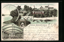 Lithographie Berlin-Schlachtensee, Restaurant Schloss Schlachtensee, Garten, Saal, Gesamtansicht Vom Wasser Aus  - Zehlendorf