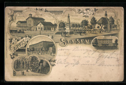 Lithographie Seesen, Bahnhof, Denkmal M. Kirche, Jacobson-Schule, Schildau-Köthe, Kurhotel  - Seesen