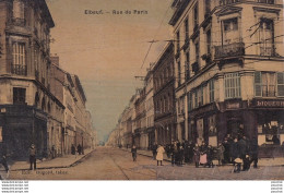 76) ELBEUF - RUE DE PARIS - (ANIMEE - HABITANTS  - COMMERCE DE VINS A L ' ENTREPOT - CARTE TOILEE  COLORISEE - 2 SCANS) - Elbeuf