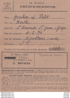 CARTE D ' ELECTEUR - DEPARTEMENT DE L ' AUDE - VILLE CARCASSONNE - 12° BUREAU GREZES HERMINIS  - 1950 - ( 2 SCANS ) - Documents Historiques