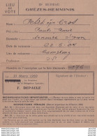 CARTE D ' ELECTEUR - DEPARTEMENT DE L ' AUDE - VILLE CARCASSONNE - 12° BUREAU GREZES HERMINIS  - 1950 - ( 2 SCANS ) - Historical Documents