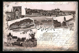 Lithographie Meissen, Dom, Geipelburg, Burgthor, Markt, Ortsansicht Aus Der Vogelschau  - Meissen