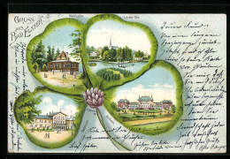 Passepartout-Lithographie Bad Elster, Waldcaffee, Louisa-See, Badehaus, Kurhaus, Glücksklee  - Sonstige & Ohne Zuordnung