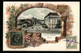 Passepartout-Lithographie Ansbach, Partie Am Schlossplatz, 1865, Wappen  - Other & Unclassified