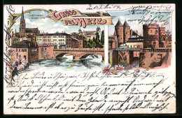 Lithographie Metz, Deutsches Tor, Jungfernwehr Et Mittelbrücke  - Metz