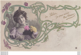 47) DE LIBOS , JE VOUS ENVOIE CES FLEURS - (CARTE FANTAISIE ART NOUVEAU - FEMME AVEC FLEURS - ARJALEW , PHOTO - 2 SCANS) - Libos