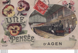 P2-47) AGEN - UNE PENSEE -  ( FLEURS - GARE -  TRAIN - LOCOMOTIVE - VOYAGEURS SUR LE QUAI ) - Agen