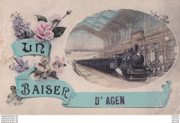 P2-47) AGEN - UN BAISER -  ( GARE -  TRAIN - LOCOMOTIVE - 2 SCANS ) - Agen