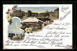 Lithographie Hannover, Schloss Herrenhausen, Grosse Fontaine, Herrenhäuser-Allee  - Hannover