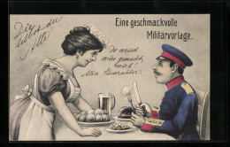 Künstler-AK Eine Geschmackvolle Militärvorlage, Soldaten Beim Speisen  - Weltkrieg 1914-18