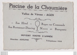 47) AGEN - PISCINE DE LA CHAUMIERE - HOTEL - RESTAURANT - DANCING - DIRECTION ADOLPHE - VALLON DE VERONE - Visiting Cards