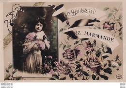 A4-47) MARMANDE - SOUVENIR - CARTE FANTAISIE - PORTRAIT DE FEMME AVEC FLEURS - ( 2 SCANS ) - Marmande