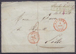 L. Càd OSTENDE /4 SEPT 1849 Pour LILLE - Càd Bureu D'échange "BELGIQUE /5 SEPT 49/ LILLE" & Griffe Verte [R.FRONT.] - Po - 1849 Epauletten