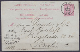 EP - CP 10c Rose (N°46) Càd LIEGE /9 SEPT 1893 (sans Accent) Pour BERLIN - Càd Arrivée "Bestellt Vom Brief-Postamte /11. - Postcards 1871-1909