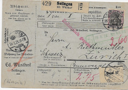 Paketkarte Solingen Nach Zürich/CH 1921, Rücks. Zollamt Solingen, Beschaufrei - Briefe U. Dokumente