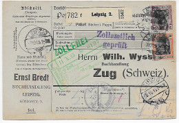 Paketkarte Buchhandlung Leipzig Nach Zug 1915 Zollamtlich Geprüft über Lindau - Lettres & Documents