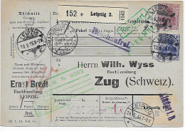 Paketkarte Buchhandlung Leipzig Nach Zug 1916 Beschaufrei über Lindau - Lettres & Documents