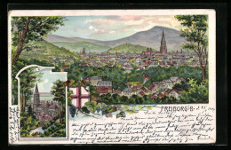 Lithographie Freiburg, Ortspanorama Mit Kirche  - Freiburg I. Br.