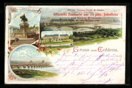 Lithographie Koblenz, Kgl Schloss Mit Fontaine, Denkmal Von Kaiser Wilhelm I., Moselbrücke  - Koblenz