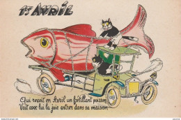 ILLUSTRATEUR ROB VEL - POISSON 1er AVRIL - COUPLE DE CHATS HUMANISES EN CAMION  - (PHOTO CHROM TOULOUSE - 2 SCANS) - Katzen