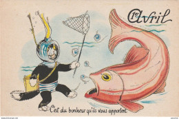 ILLUSTRATEUR ROB VEL - POISSON 1er AVRIL - CHAT SCAPHANDRIER AVEC EPUISETTE  - (PHOTO CHROM TOULOUSE - 2 SCANS) - Cats