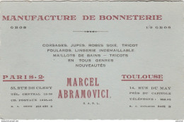 TOULOUSE - MARCEL ABRAMOVICI - MANUFACTURE DE BONNETERIE 14 , RUE DU MAY - PARIS  55 RUE DE CLERY + PLAN AU DOS  2 SCANS - Toulouse