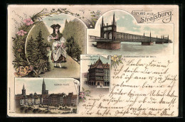 Lithographie Strassburg, Altes Haus Am Münsterplatz, Kleber-Platz, Chemin De Ferbrücke Bei Kehl  - Autres & Non Classés