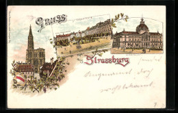 Lithographie Strassburg, Kleber-Platz, Kaiser Palast, Münster  - Sonstige & Ohne Zuordnung