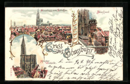 Lithographie Strassburg, Münster Westseite, Storchennest, Vue Générale Vom Spitalthor  - Sonstige & Ohne Zuordnung