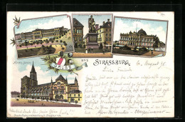 Lithographie Strassburg, Landes-Bibliothek, Gutenberg-monument, Münster Südseite  - Sonstige & Ohne Zuordnung