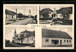 AK Poppitz A. D. Bahn, Geschäftshaus Edwin Grund, Strassenpartien Mit Kirche, Denkmal  - Tchéquie