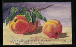 Künstler-AK Handgemalt: Glückwunsch Zum Namenstag, Obst / Gemüse, Aprikosen  - 1900-1949