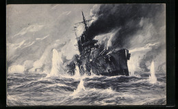 Artist's Pc Willy Stoewer: Engl. Schlachtkreuzer Im Salvenfeuer Dt. Kreuzer, Seegefecht In Der Nordsee 1915  - Warships
