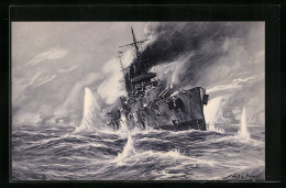 Artist's Pc Willy Stoewer: Engl. Schlachtkreuzer Im Salvenfeuer Dt. Kreuzer, Seegefecht In Der Nordsee 1915  - Warships