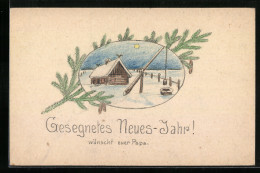 Künstler-AK Handgemalt: Haus Im Schnee, Neujahresgrüsse, Glückwunsch  - 1900-1949