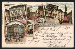 Lithographie Pforzheim, Warenhaus S. Wronker & Co, Sedandenkmal, Kriegerdenkmal  - Pforzheim