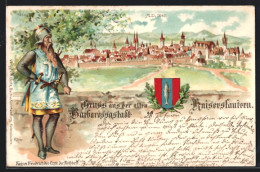 Künstler-Lithographie Kaiserslautern, Ansicht Der Stadt Anno 1645, Kaiser Friedrich I. Rotbart, Wappen  - Kaiserslautern