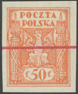 OBERSCHLESIEN 5 PU (*), Reguläre Ausgabe: 1922, 50 F. Orange, Ungezähnter Probedruck Mit Rotem Annullierungsstrich, Prac - Autres & Non Classés