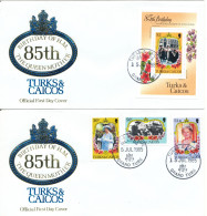 Turks And Caicos FDC 23-3-1985 85th Birthday Of H.M.The Queen Mother Set Of 3 And Souvenir Sheet With Cachet - Turks And Caicos