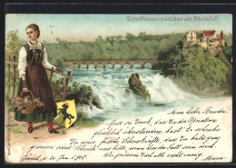 Lithographie Rheinfall, Schaffhausermädchen Mit Korb Und Wappen  - Ohne Zuordnung